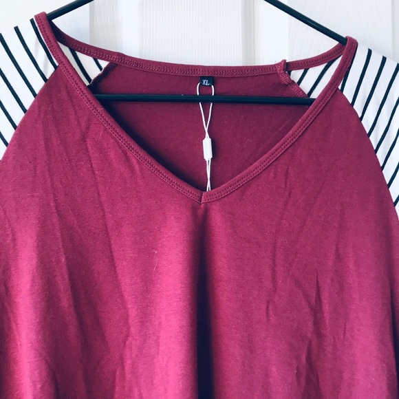 Burgundy, Black and White Striped Asymmetrical Top - Picture 2 of 6